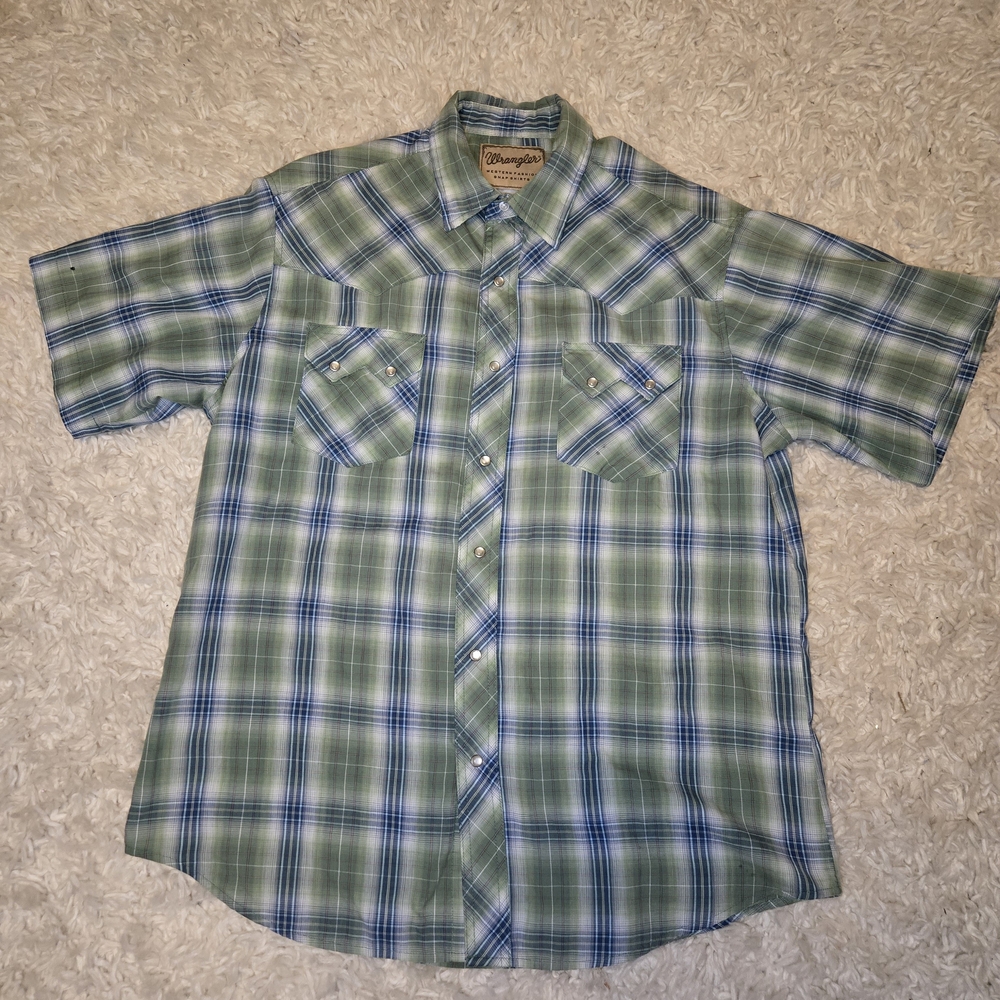 Wrangler Green and Blue Plaid Casual Shirt
